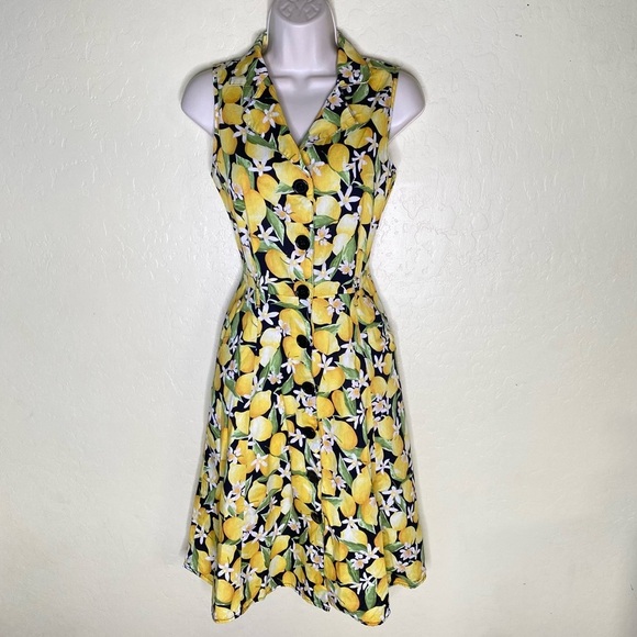 Mlle Gabrielle Lemon Print Yellow Black Halter A-line Midi Dress Size Small S - Picture 2 of 10